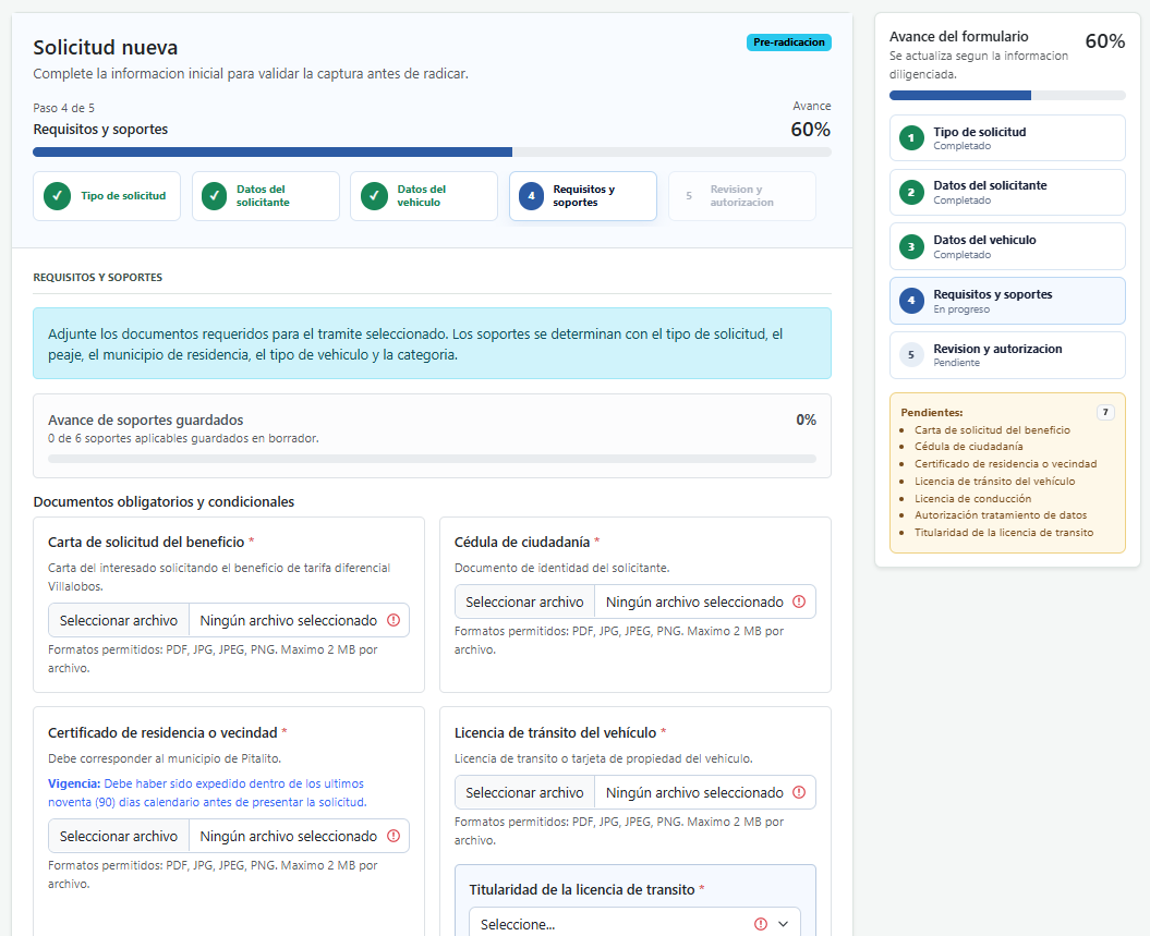 Solicitud nueva - Paso 4: requisitos y soportes